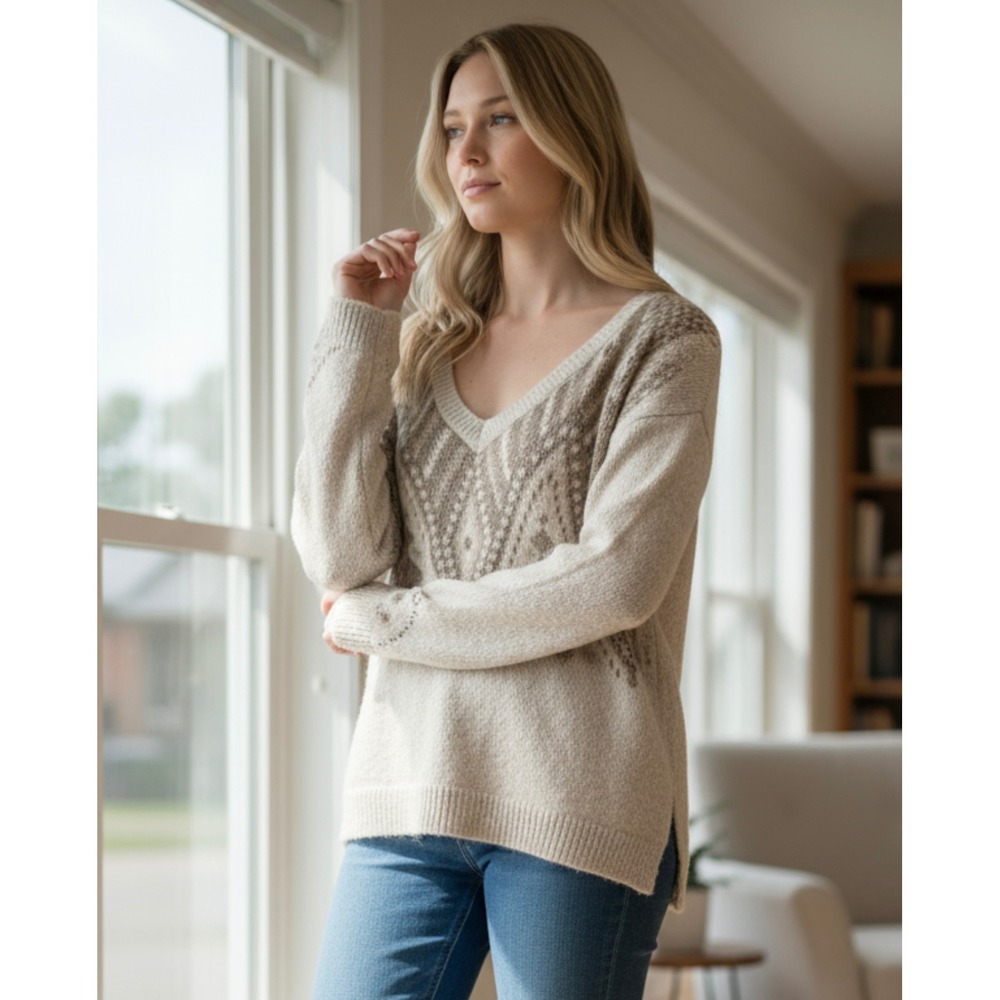 Hollister Women's Medium Beige Brown Pattern Knit Long Sleeve V Neck Sweater